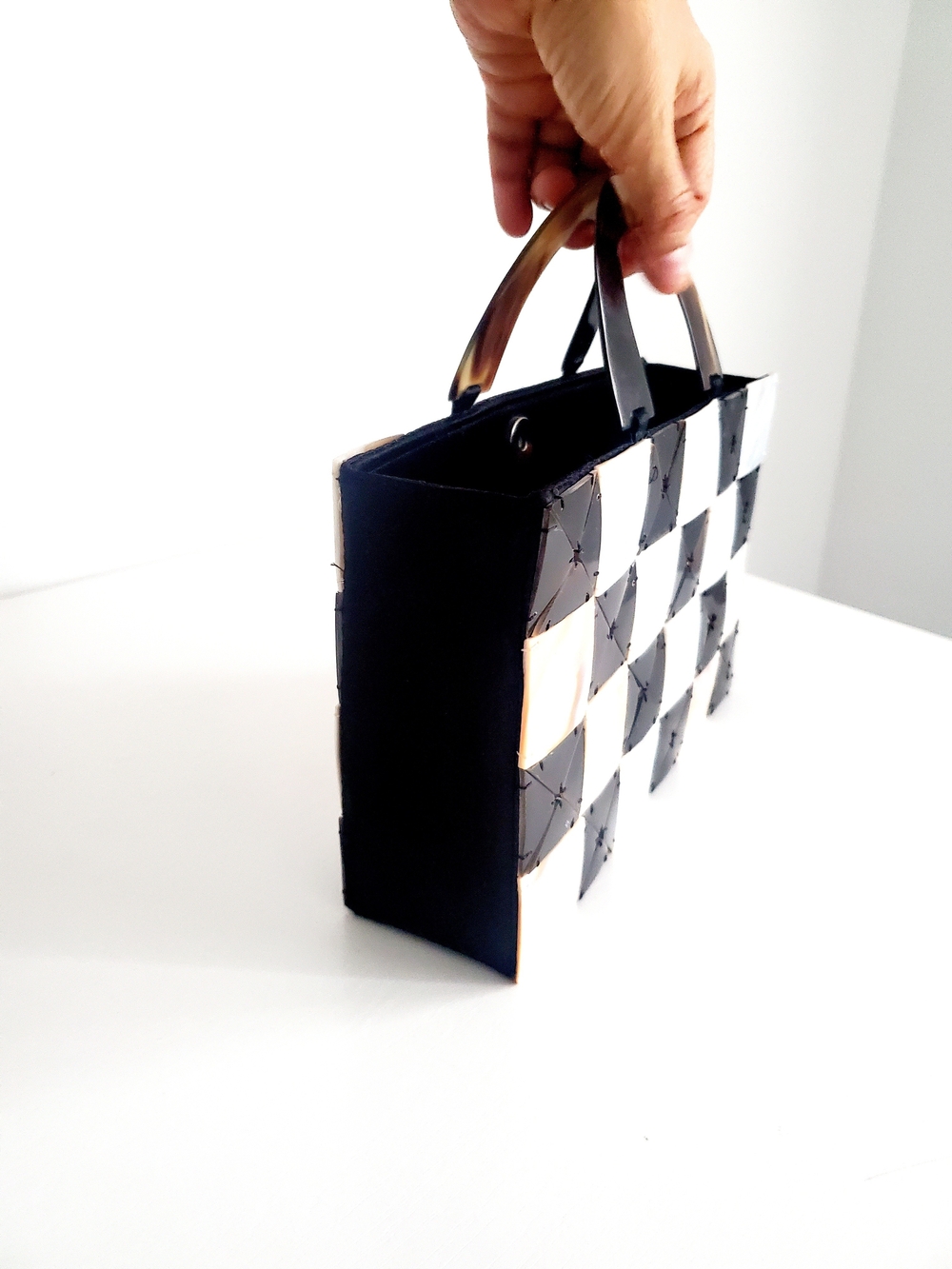 Mother Of Pearl Checkerboard Mini Tote  with Tortoiseshell Handle - Picture 3 of 4